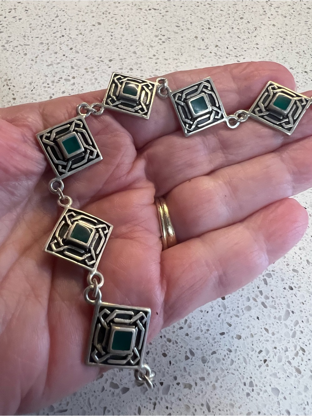 Vintage Sterling Silver Link Bracelet with Green Stone Accents